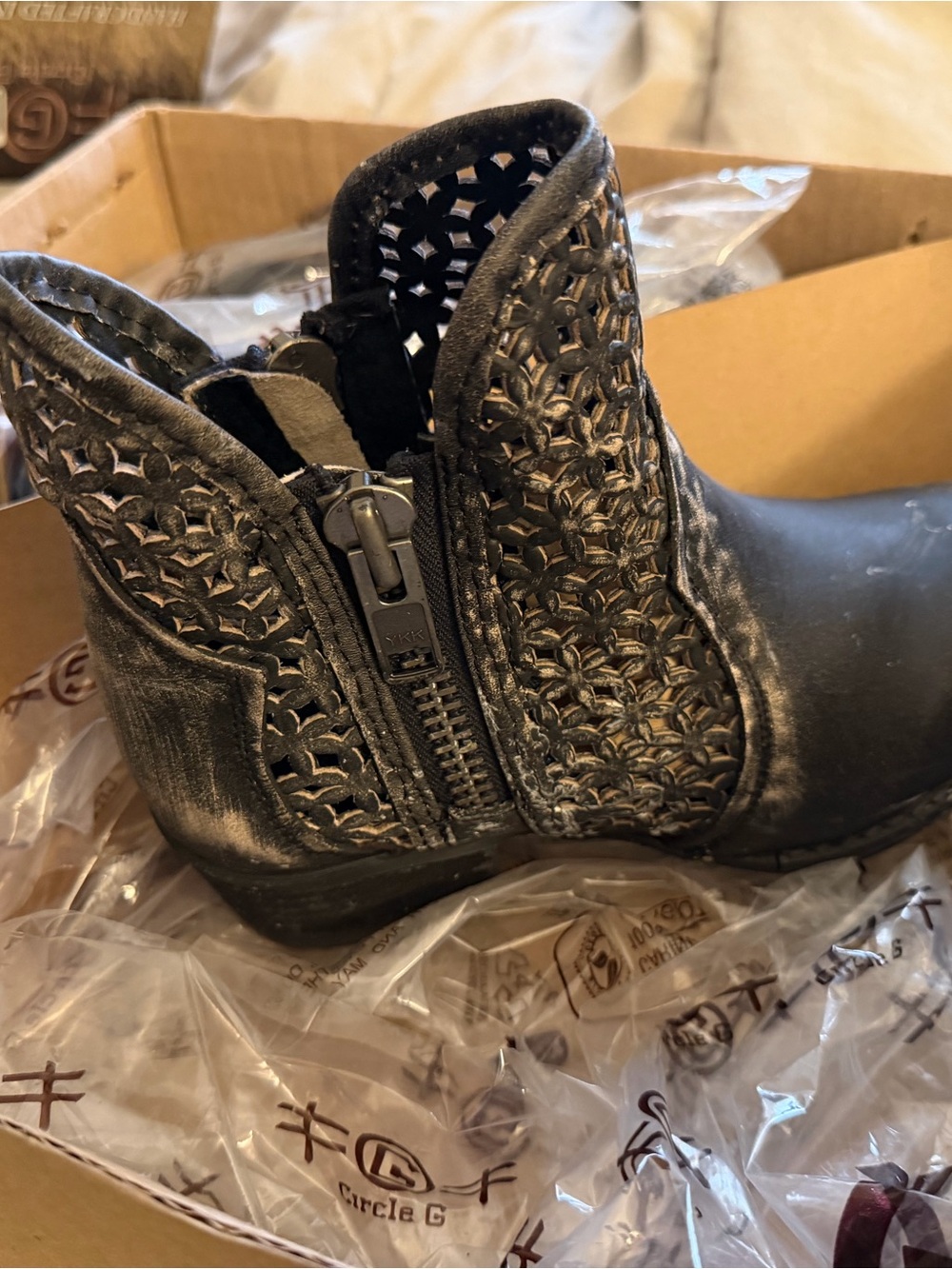 Circle G Black Laser-Cut Ankle Bootie with Side Zip